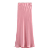 GETADME 2025 New Pink Midi Skirts Women Fashion Elastic Waist Black Skirt Autumn Casual High Waist Satin Long Skirt Women's Chic Skirts