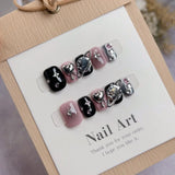 GETADME 10Pcs Handmade Gothic Short Press on Nails Rhinestone Round Manicure Decoration Wearable Full Cover with Design Acrylic Nail Tip