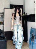 Women Pocket Cargo Denim Pants Y2K Retro Wash Loose High Waist Hot Girl Wide Leg Pants Fashion Street Casual Straight Leg Pants