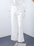 GETADME 2025 New Women's Low Rise Wide Leg Denim Jeans Pant With Chic Studs-Embellished Side Detail High Street Stylish Female Trousers