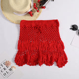 GETADME Handmade Crochet Hollow Out Swimwear Cover Up Solid Color Drawstring Short Skirt Women Holiday Knitting Sweet Beachwear