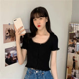 GETADME Korean Style Summer Spring Lace T-shirt Button Stylish Crop Top Slim Fit Knitted Cardigans