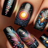 GETADME 24pcs/set medium long fake nails fashion butterfly feather forest sea wave design gradient blue purple green press on false nail