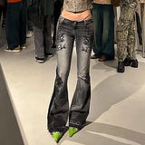 GETADME Women's Jeans  New American Retro Street Style Plant Print Washed Vintage Low-Rise Flare Pants Trendy Versatile