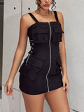 GETADME Y2K 스트리트 핫티 플랩 포켓 지퍼 플라이 아이릿 체인 레이스업 사이드 카고 캐미솔 미니 드레스