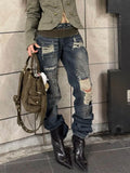 GETADME Women Vintage Ripped Y2k Jeans Streetwear American Retro Rivet Hole Design Denim Pants High Street Grunge Trousers Pantalones