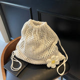 GETADME Solid Color Knitting Shoulder Bag Large Capacity Bohemian Crochet Backpack Hollow Out Versatile Beach Travel Tote Bag For Women