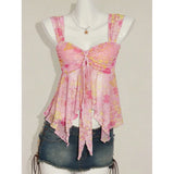 GETADME Summer fashion new V-neck bow slimming and slimming design, floral micro transparent suspender versatile top
