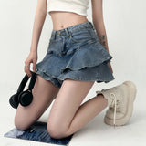 GETADME Vintage Denim Skirt Shorts Women Summer Korean Fashion High Waist A-line Wash Blue Slim Cute Sexy Mini Jeans Ruffle Skirt Female