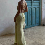 GETADME Vintage Crochet Backless Tie Up Long Dress Beach Boho Knitted Maxi Dresses Women Sleeveless Slim Split Dress Cocktail Club Party
