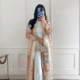 GETADME 가을 여성용 롱 코트, 레트로 프린트 긴팔 무슬림 아바야 사우디 패션 주름 허리 벨트