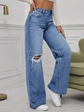 GETADME Women's Jeans Denim Pants Wide Leg Vintage Distressed Ripped Trousers 2026 Streetwear Washed Pockets Floor Length Hole Jeans
