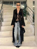 GETADME Vintage Y2k Black See Through Long Cardigan Women Sexy Grunge V-neck Streetwear Tops Summer Chic Aesthetic Bandage Slim Blouse