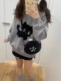GETADME Gray Cute Cat O-neck Knit Elegant Pullover Woman 2025 Winter Design Harajuku Tops Feamale Y2k Long Sleeve Retro Sweaters Mujer