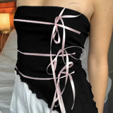 Getadme-Coquette Contrast Ribbons Lace-up Bow Tube Top Women Y2K Strapless Asymmetrical Crop Tops Vintage Sexy Camis Lolita