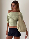 GETADME Absobe Off Shoulder Ruched Crop Top Women Basics Solid Color Skew Collar Short Sleeve T-shirts Summer Casual Streetwear Tees