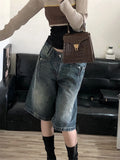 Getadme-Summer American Vintage Denim Pants Loose Casual Knee Length Jean Shorts Wide Leg Kpop Y2k Streetwear Women Grunge Hip-pop Chic