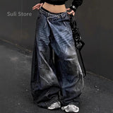 GETADME Blue Womens Jeans High Waist Vintage Design Hip Hop Straight Baggy Denim Pants Street Y2K American Style Wide Leg Denim Trouser
