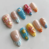 GETADME 24PCS Summer Colorful Almond False Nail with 3D Flower Beach Paintings Press on Fake Nail Full Cover Wearable Manicure for Women