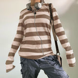 GETADME Women Fairy Grunge Knit Basic Shirt Autumn Y2K Grey Black Striped Long Sleeve Round Neck Tops Emo Tee