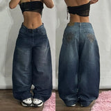 GETADME American New Fashion Geometric Pattern Embroidered Baggy Jeans Women Y2K Harajuku Vintage Hip-hop Popular Casual Wide-leg Pants