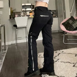 GETADME Women Low Waist Jeans Denim Straight Flare Pants Vintage Pockets Zipper Denims 2025 Autumn Streetwear Ankle Length Trousers