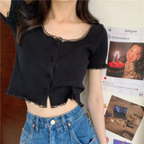 GETADME Korean Style Summer Spring Lace T-shirt Button Stylish Crop Top Slim Fit Knitted Cardigans