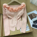 GETADME New Year's Pink Three-dimensional Flower Long-sleeved Slim Top French One-line Base Short Sweater