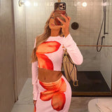 GETADME Autumn Winter Skirt T-shirt 2 Piece Women New Fashion Long Sleeves O-Neck Casual Slim Tees Sexy Red Print Skirt Lady Elegant Set