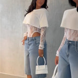 GETADME Sexy Women Crop Top+Lace Jacquard Full Sleeve Bodysuit Hottie Street Clubwear Slim Fit Wild Matching Basic Skinny Tees+Jumpsuit