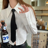Getadme Preppy White Crop Shirts Women Korean Fashion Jk Tie Long Sleeve Blouse Student College Retro Solid Slim All Match Tops