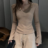 GETADME Autumn Winter New Chic V-Neck Bottoming Tops Women Korean Fashion Skinny Long Sleeve T-Shirt Thicken Warm Knitted Innerwear Tees