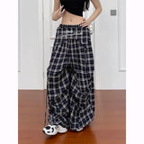 GETADME Vintage Plaid Wide Leg Pants Women Y2K Japanese Streetwear Casual Scimitar Pants Harajuku Loose Pockets Straight Trousers