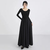 GETADME Korean Slim Waist Long Dresses for Women French Style Patchwork Long Sleeve Dress Woman Elegant Simple O-Neck A-Line Midi Dress