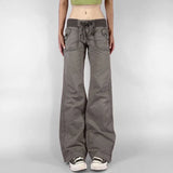 GETADME Retro Lace-up Low Rise Pants Streetwear Patchwork Loose Casual for Women Harajuku Straight Trousers Korean Fashion