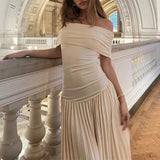 GETADME Off Shoulder Elegant Short Sleeve Shirring Low Waist A-line Long Dress Solid Slim Party Fashion Summer Ruched Patchwork Vestidos