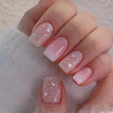 GETADME 24Pcs Short Square Coffin False Nails Square Fake Nails with Glue French Glitter Wearable Acrylic Nails Set Press on Nail Tips