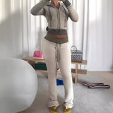 GETADME 레오삭스 패치워크 2피스 세트 트랙수트 여성 지퍼 와이드 허리 크롭 후드 포켓 재킷 + 스포티 팬츠 매칭 캐주얼 베이직 수트