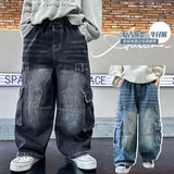GETADME Boys Retro Jeans Spring Autumn New Teenager Children Fried Street Handsome Straight Loose Wide-leg Pants Kids Cargo Denim Jeans