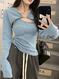Getadme-Y2K Korean Fashion Pink Cropped Sweater Women Harajuku Sexy Slim Knitted Jumper Vintage Casual Cardigan+Vest Set Tops