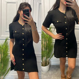 GETADME White Elegant Knitted Mini Dress For Women Metal Button Sexy Slim Rib Sweater Dress Holiday Party Outfits Autumn 2025 New