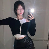 Getadme Korean Style Crop Top Cardigan Women's Top with Sleeves 2pcs Set Tank Top Y2k Two Pieces All Match Outfit Spring Summer Clothing
