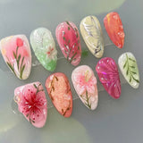 GETADME 24Pcs 3D Strawberry Rabbit Flower Fake Nails Press on Mid-length Almond Wearable False Nails Green Gradient Pearl Manicure Tips