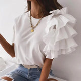 GETADME Fashion Ruffled Short Sleeved Women's Blouse Summer Simple Round Neck Elegant Office Irregular T Shirt Solid Casual Tees Tops