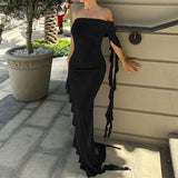 GETADME Summer Newly Irregular Ruffle Fringe Party Off Shoulder Dress Elegant One Sleeve 2025 Slim Hip Package Lady Split Vacation Robes