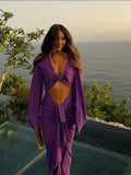 GETADME Purple Hollow Out Slim Maxi Dress Women Elegant Deep V Neck Cross Pleated Full Sleeve Long Dresses 2025 Fashion Lady Party Robes