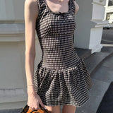 GETADME Women 2025 Square Collar Low Waist Sleeveless Summer Plaid Pattern A-line Mini Dress Sweet Girl's Street Party Vestidos