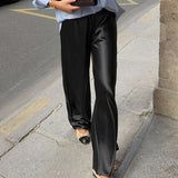 GETADME Linad Elegant Brown Satin Wide Leg Pants Women Autumn Fashion Beige High Waist Trousers Street Chic Silk Long Pants Female 2025