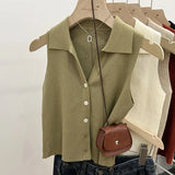 GETADME 여름 시크 아이스 실크 니트 폴로 라펠 씬 슬림핏 실루엣 탱크 아우터 베스트 여성용 숄더 베스트 노슬