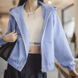 GETADME Maden Casual Blue White Striped Hooded Shirt Women's Spring Seersucker Vacation Style Blouse Lightweight Layering Beach Shirts